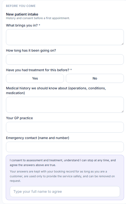 A customer filling in an intake form on the booking page before their appointment