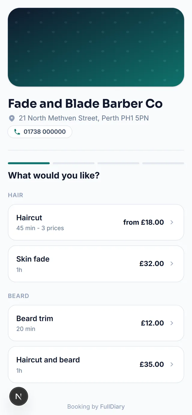 A customer's phone showing the demo shop's booking page: shop name, address, and services with prices
