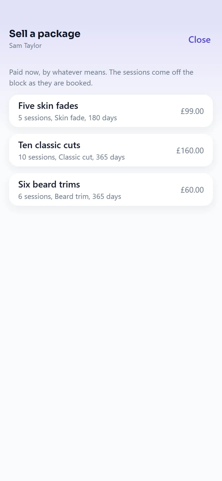 The FullDiary app's Sell a package sheet for Sam Taylor: five skin fades for 99 pounds, ten classic cuts for 160 and six beard trims for 60