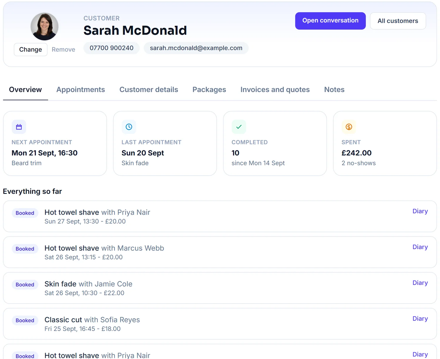 A customer's page: her photo, phone and email, next and last appointment, ten completed visits and what she has spent, with her booking history under it