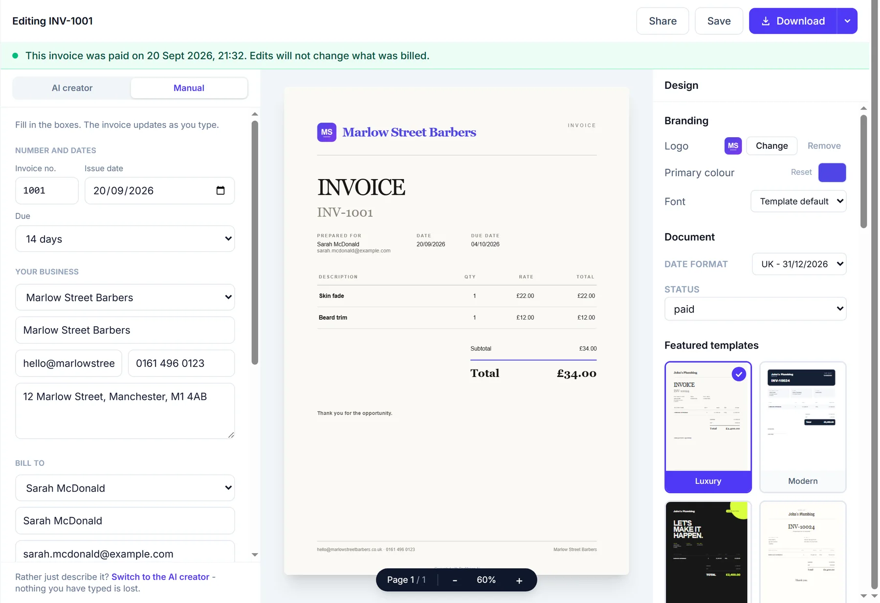 An invoice for a skin fade and a beard trim in the editor, with the shop's logo on it, marked paid