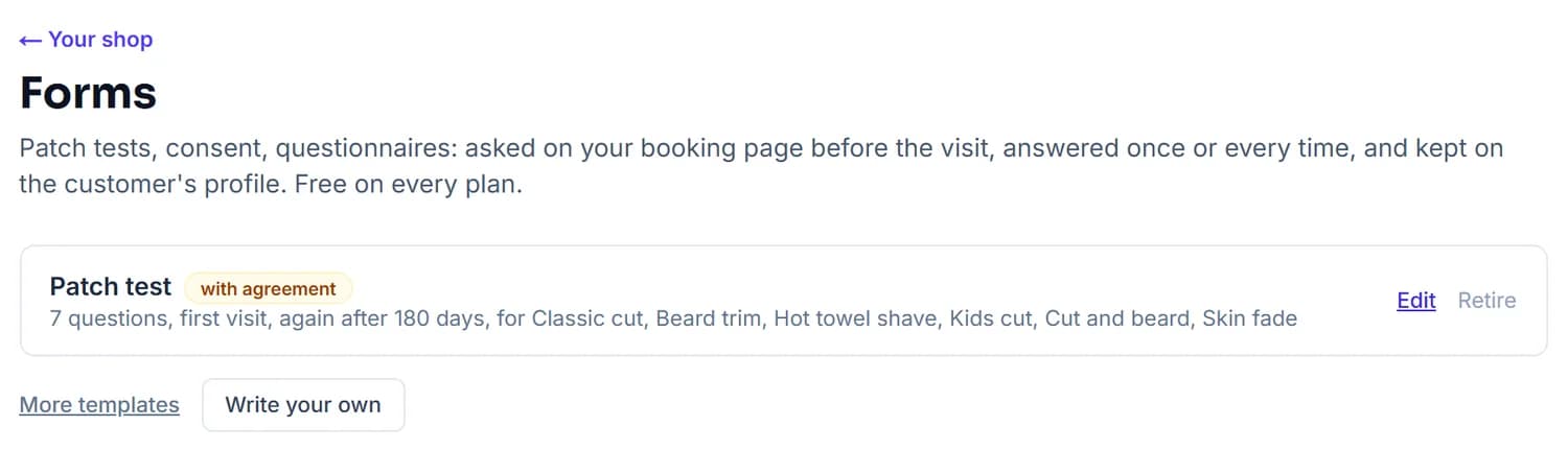 Your shop, Forms: a patch test form with agreement, seven questions, asked on the first visit and again after 180 days, for six of the shop's services, with Edit, Retire, More templates and Write your own