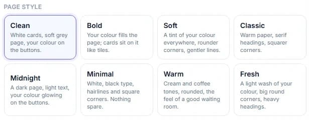 The eight page styles as they appear in FullDiary, each with a line about it: Clean, Bold, Soft, Classic, Midnight, Minimal, Warm and Fresh