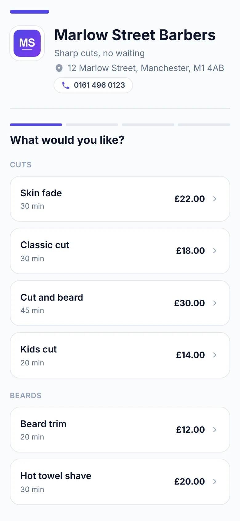 A barbershop's booking page on a phone: the logo, the address, and the services with prices