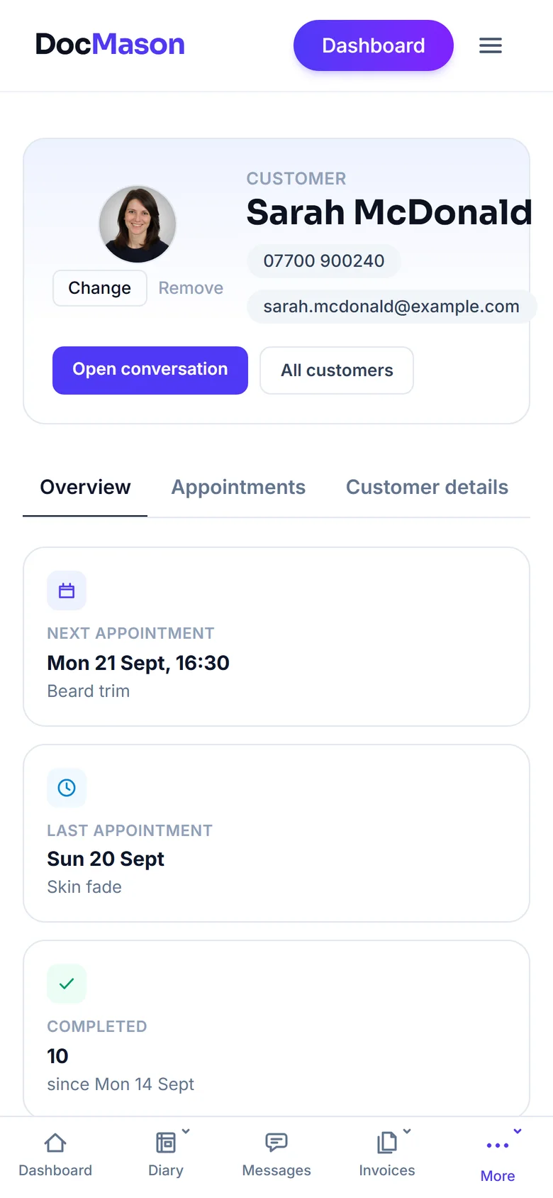 A customer's page in FullDiary on a phone: her photo, phone number and email, an Open conversation button, her next and last appointments and ten completed visits