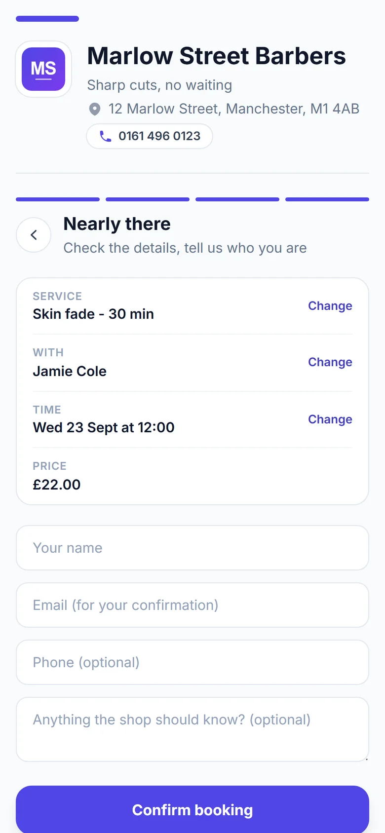 The booking page's last step on a phone: the service, the barber, the time and the price, then the customer's details and Confirm booking