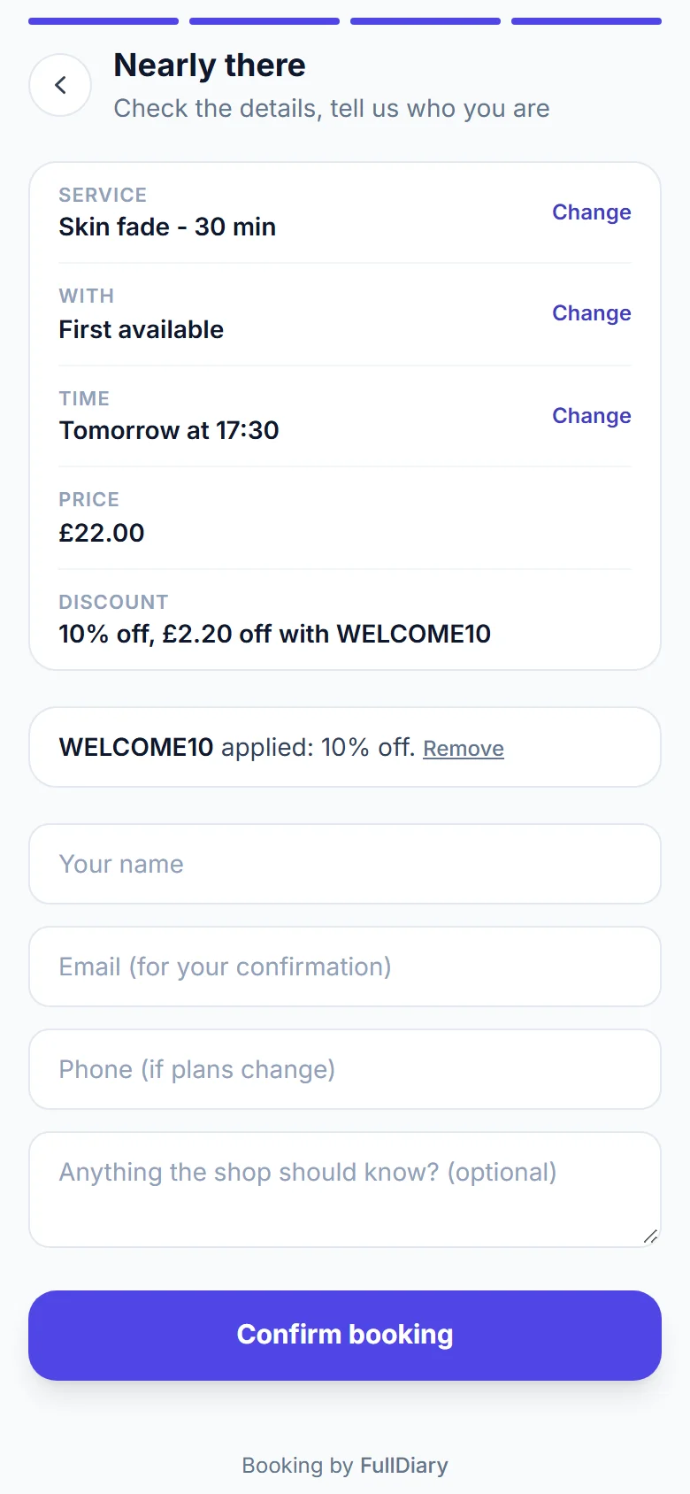 The booking page's details step on a phone: the service, the time, the price, a discount row reading 10% off with WELCOME10, and the code box saying it is applied