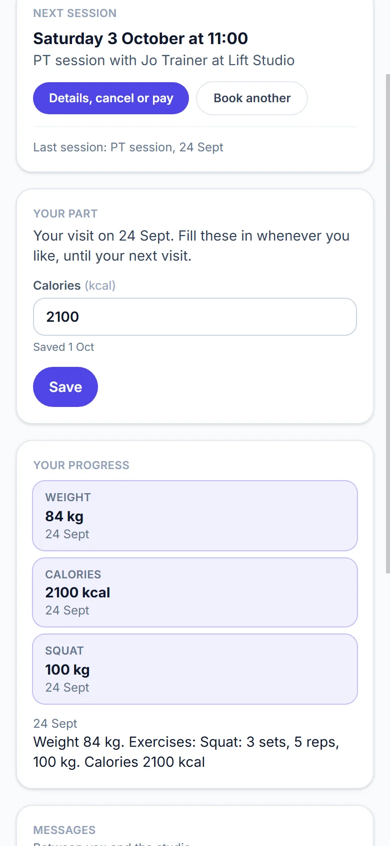 A client's own page on a phone: Hi Sam, the next session, and a Your part card for the latest visit with a Calories box to fill in and a Save button