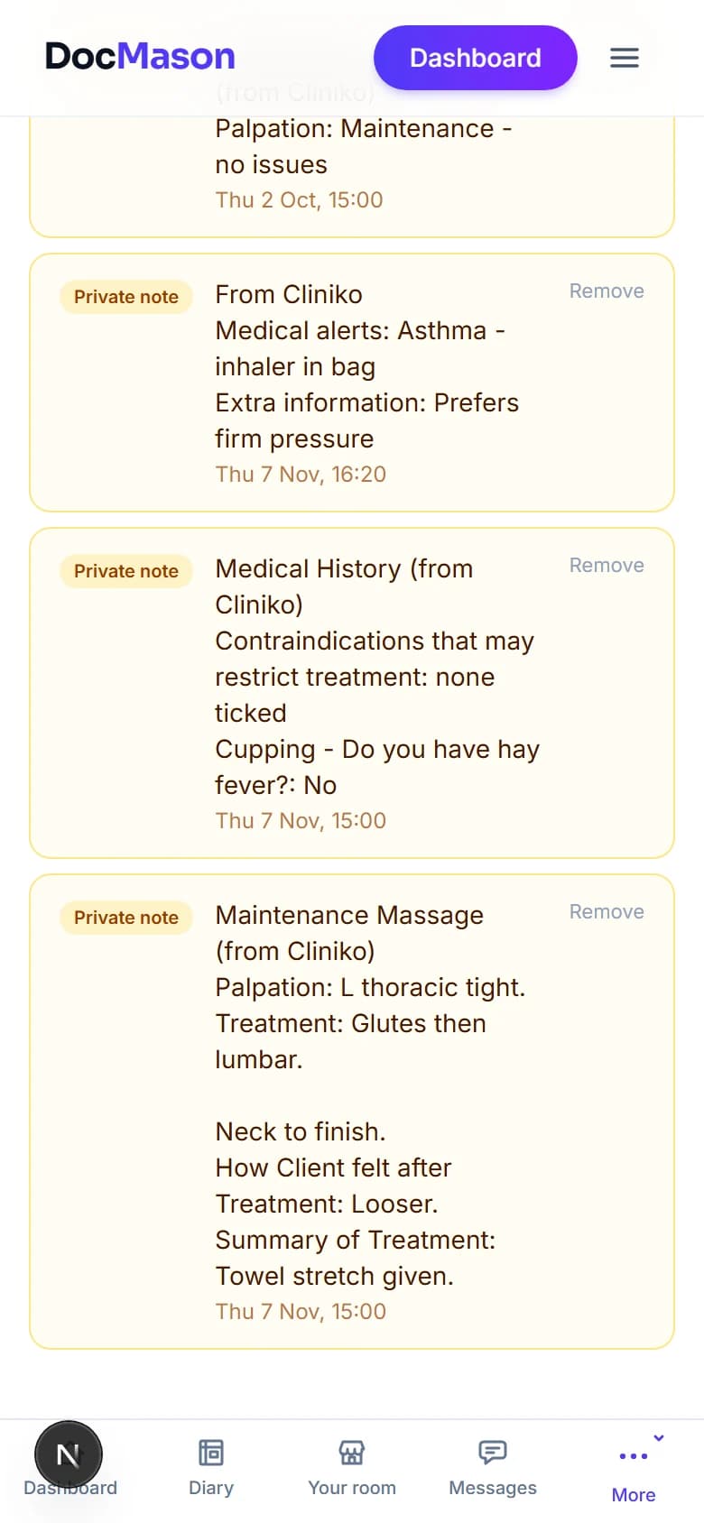 A client's profile on a phone, the Notes tab: a Maintenance Massage note from Cliniko with Palpation, Treatment and Summary of Treatment lines, and a Medical History note above it saying none of the contraindications were ticked