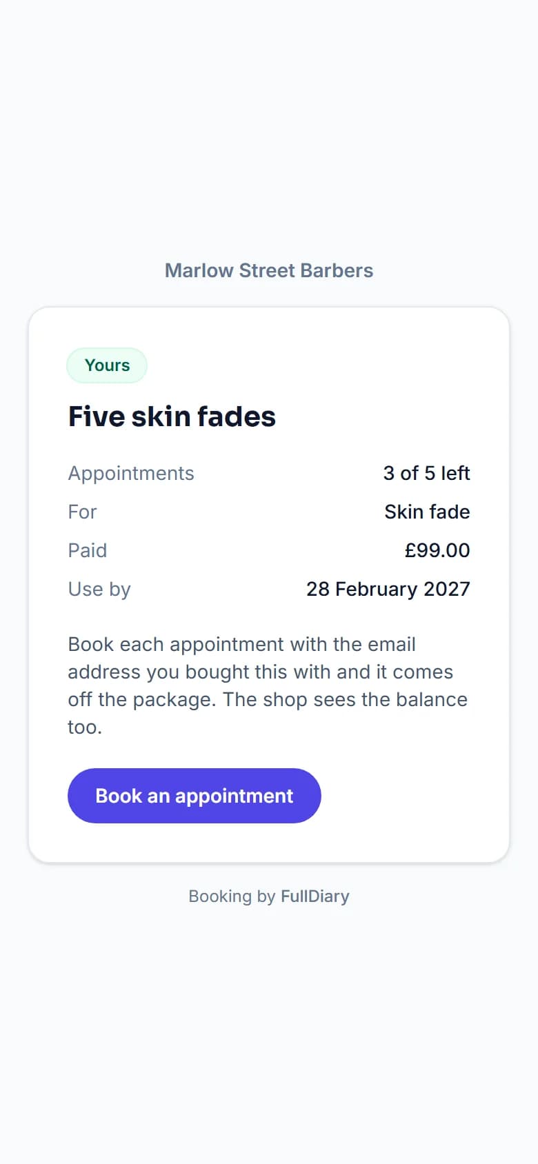 A customer's own package page on a phone: five skin fades, 3 of 5 left, what was paid and the use-by date