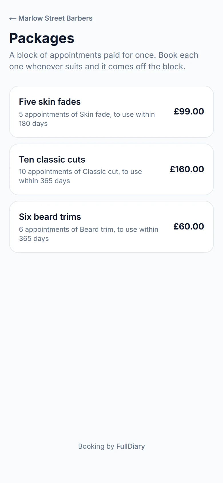 The booking page's packages page on a phone: five skin fades for 99 pounds, ten classic cuts for 160 and six beard trims for 60, each with how long it lasts