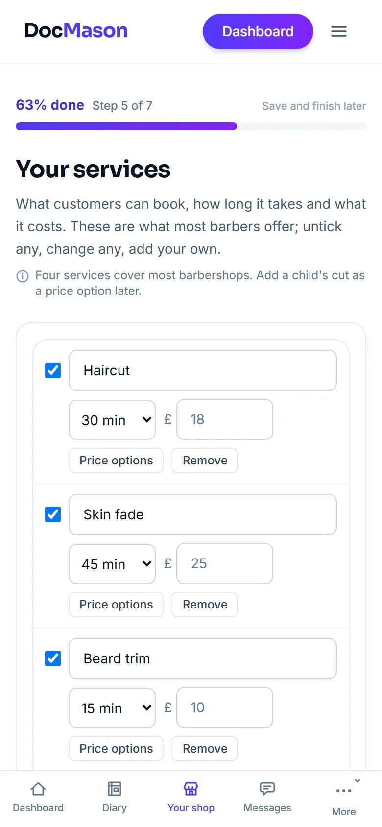 Setup on a phone at Your services, 63% done, Step 5 of 7, with a haircut, skin fade and beard trim filled in at typical barber prices
