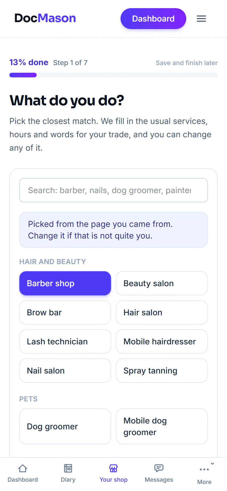 Setup on a phone at the first question, What do you do?, with Barber shop picked and a bar at the top reading 13% done, Step 1 of 7