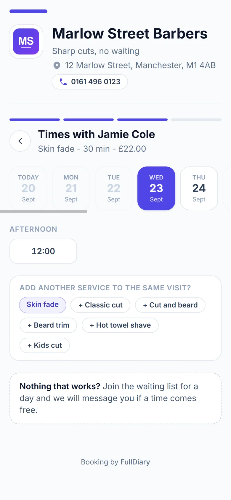 The booking page showing the day picker and the free times with a chosen barber, with the option to add a second service