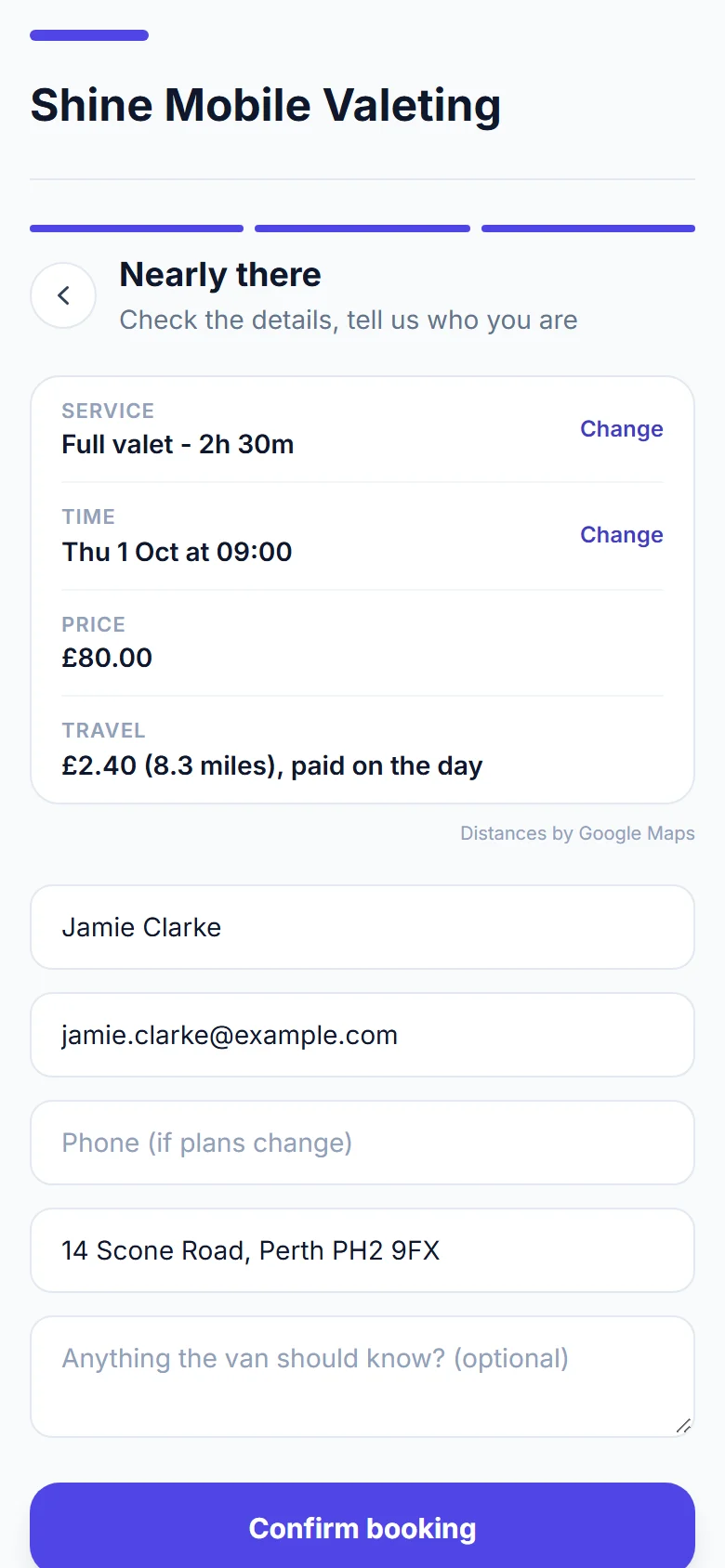The last step of a mobile valeter's booking page on a phone: a full valet for 80 pounds at 09:00 on Thursday 1 October, and a travel row reading 2.40 pounds for 8.3 miles, paid on the day, credited Distances by Google Maps