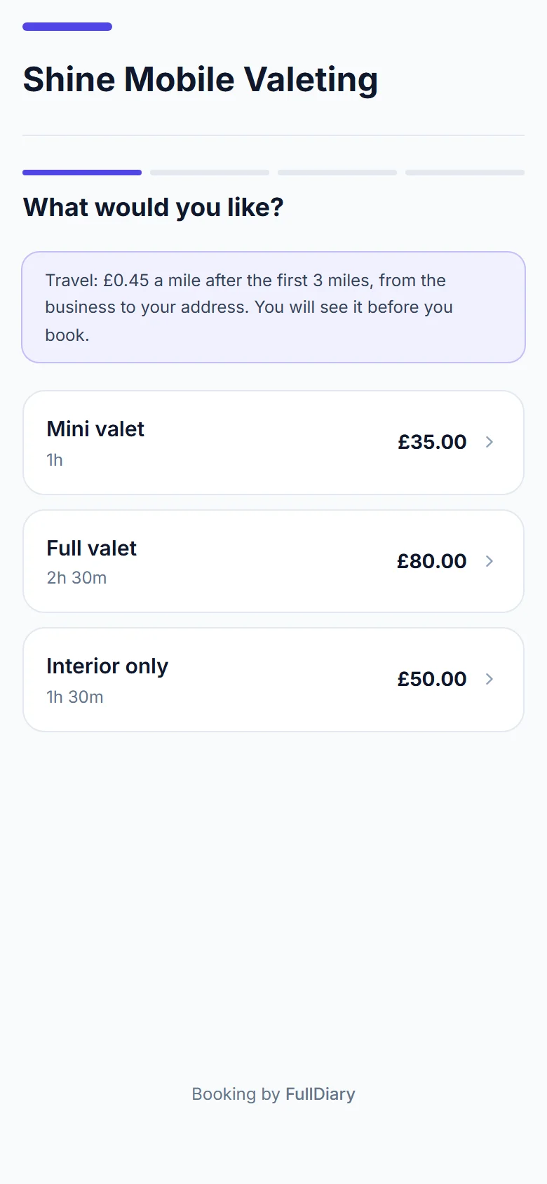 The first step of a mobile valeter's booking page on a phone, with the travel rule under the heading: 0.45 pounds a mile after the first 3 miles, from the business to your address, seen before booking