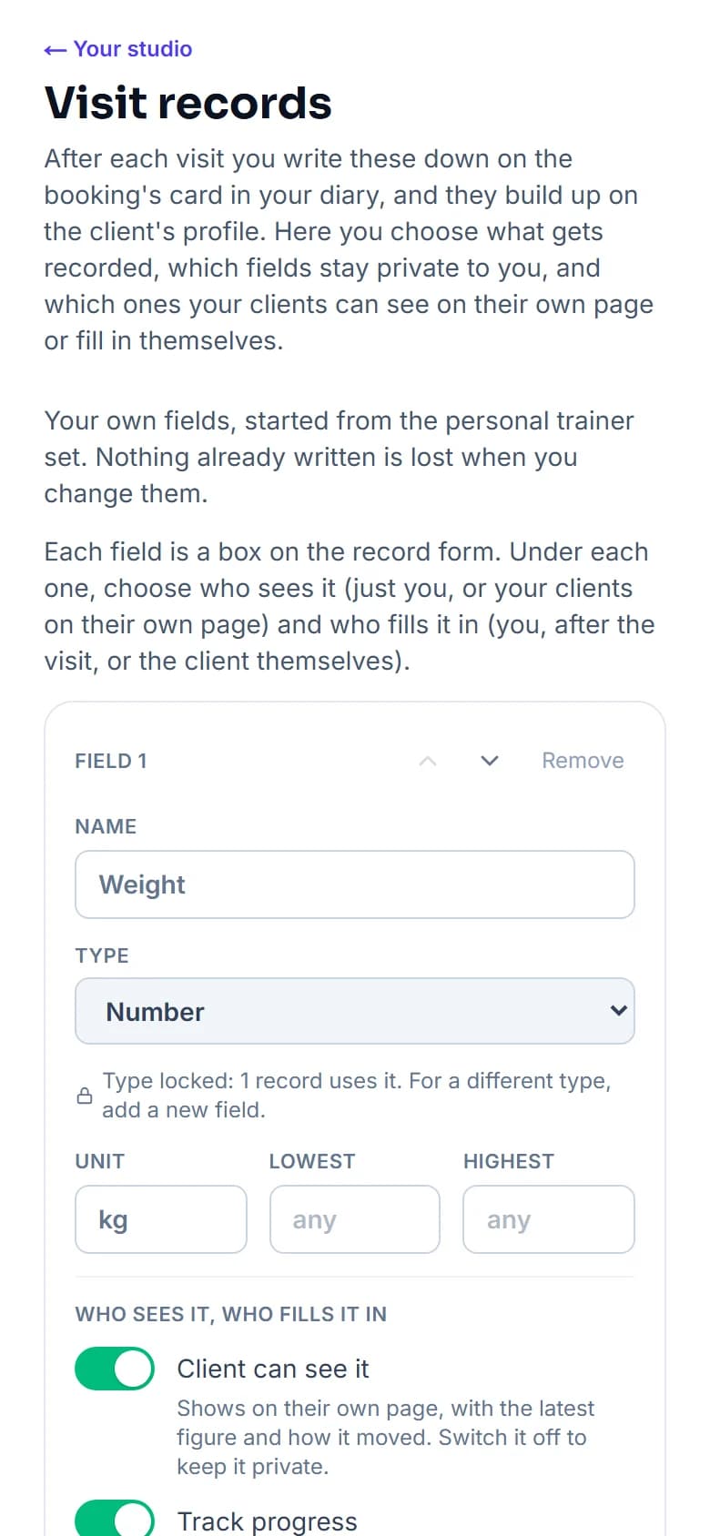 Your shop, Visit records, on a phone for a personal trainer: the Weight field as a number in kg with its type locked by a record, switches for Customer can see it and Track progress, and the next field below