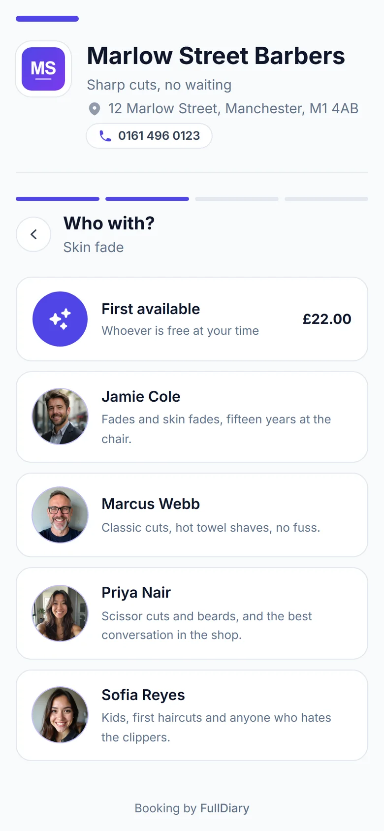 A customer's phone on the booking page's Who with? step: first available, then each person with their photo and a line about them
