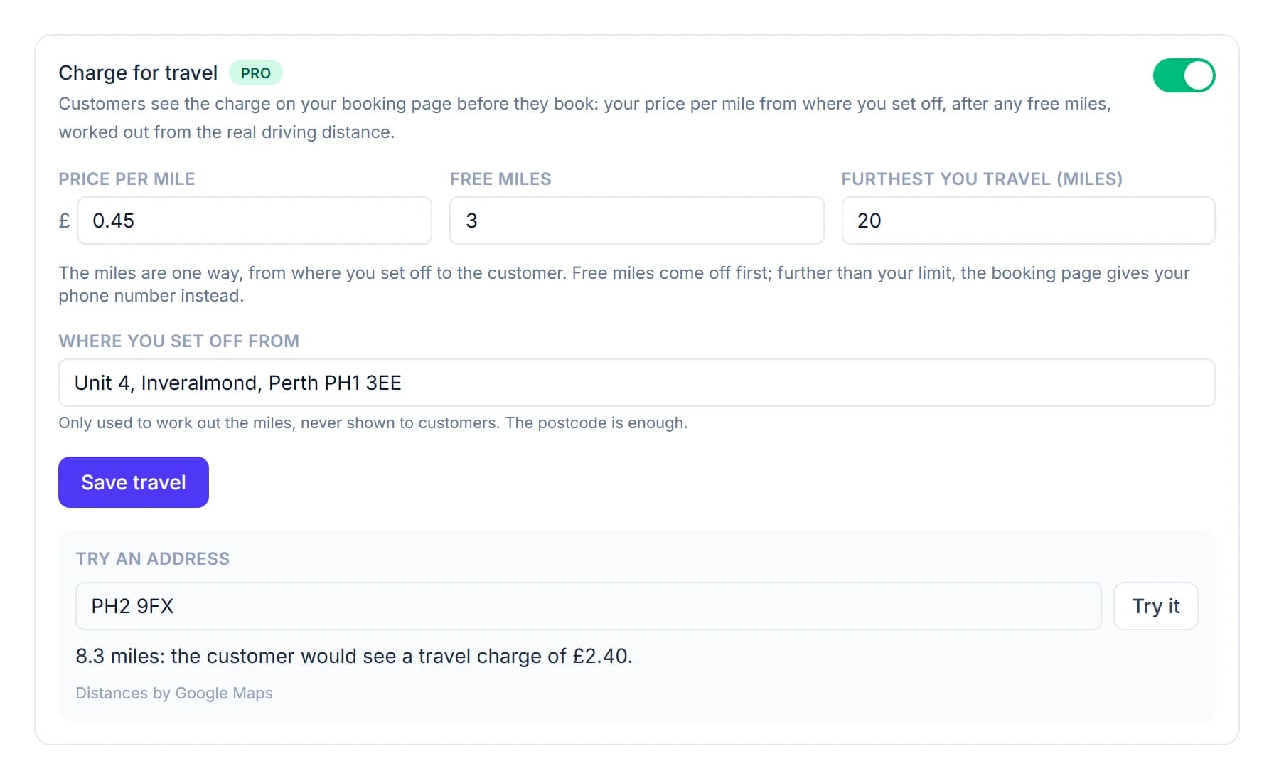 The Travel card under Booking rules on a computer: Charge for travel switched on, 0.45 pounds a mile, 3 free miles, 20 miles at most, where the van sets off from, and Try an address answering 8.3 miles, a travel charge of 2.40 pounds
