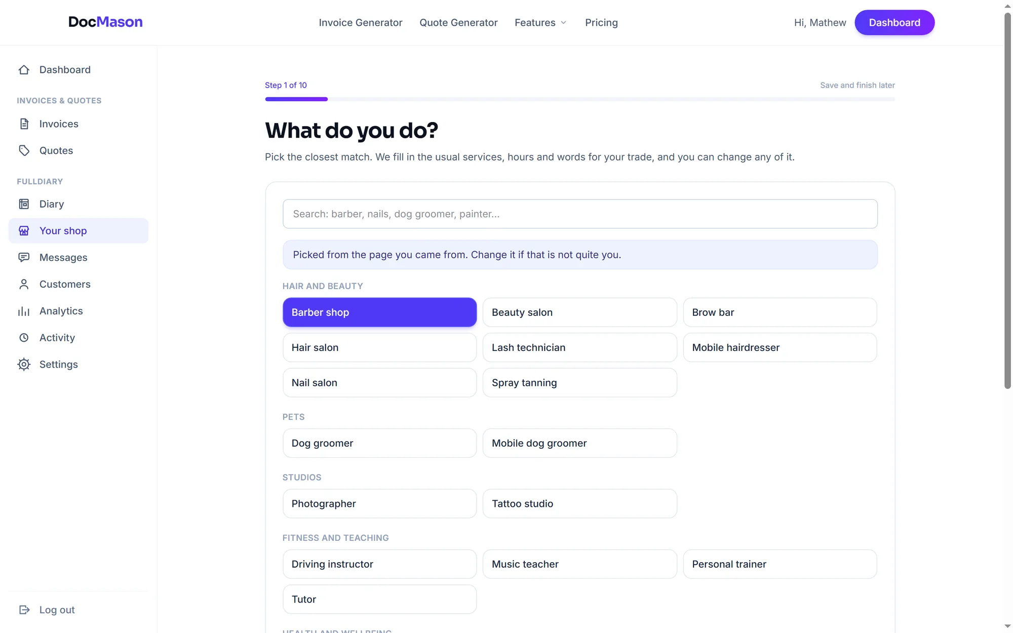 Setup screen one, What do you do?: a grid of trades to pick from - barber shop, beauty salon, dog groomer, driving instructor and more