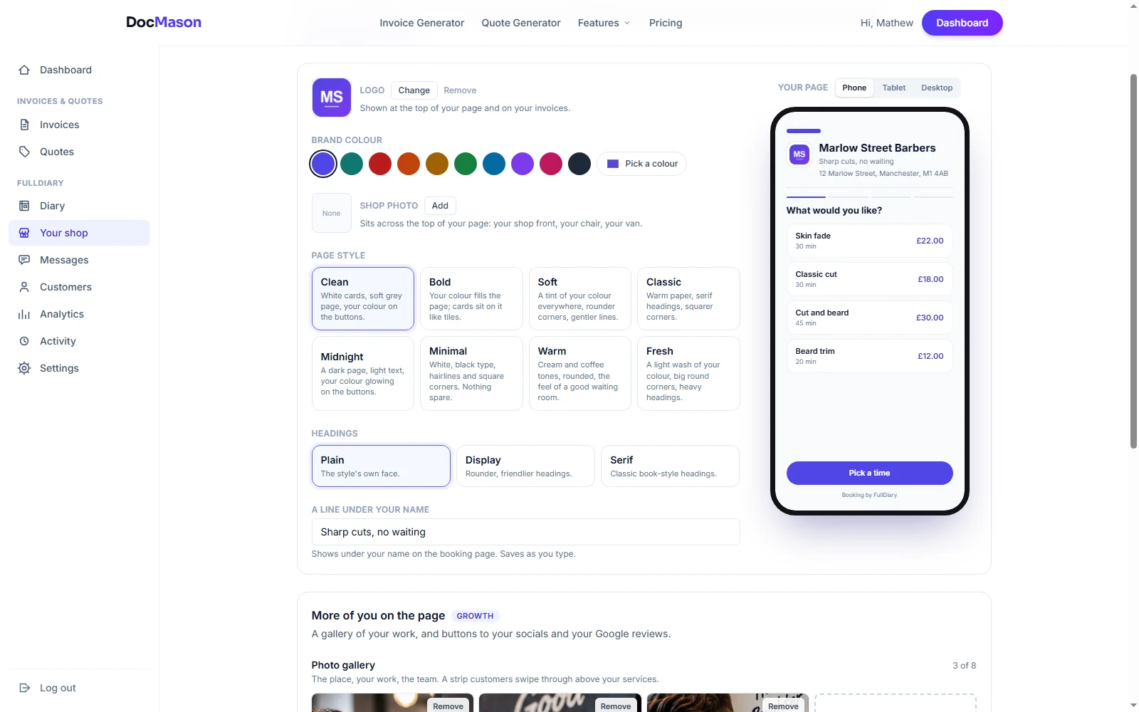 The Make it yours screen: brand colour swatches, the page styles, heading fonts and the line under the shop's name, with a phone preview of the booking page beside them
