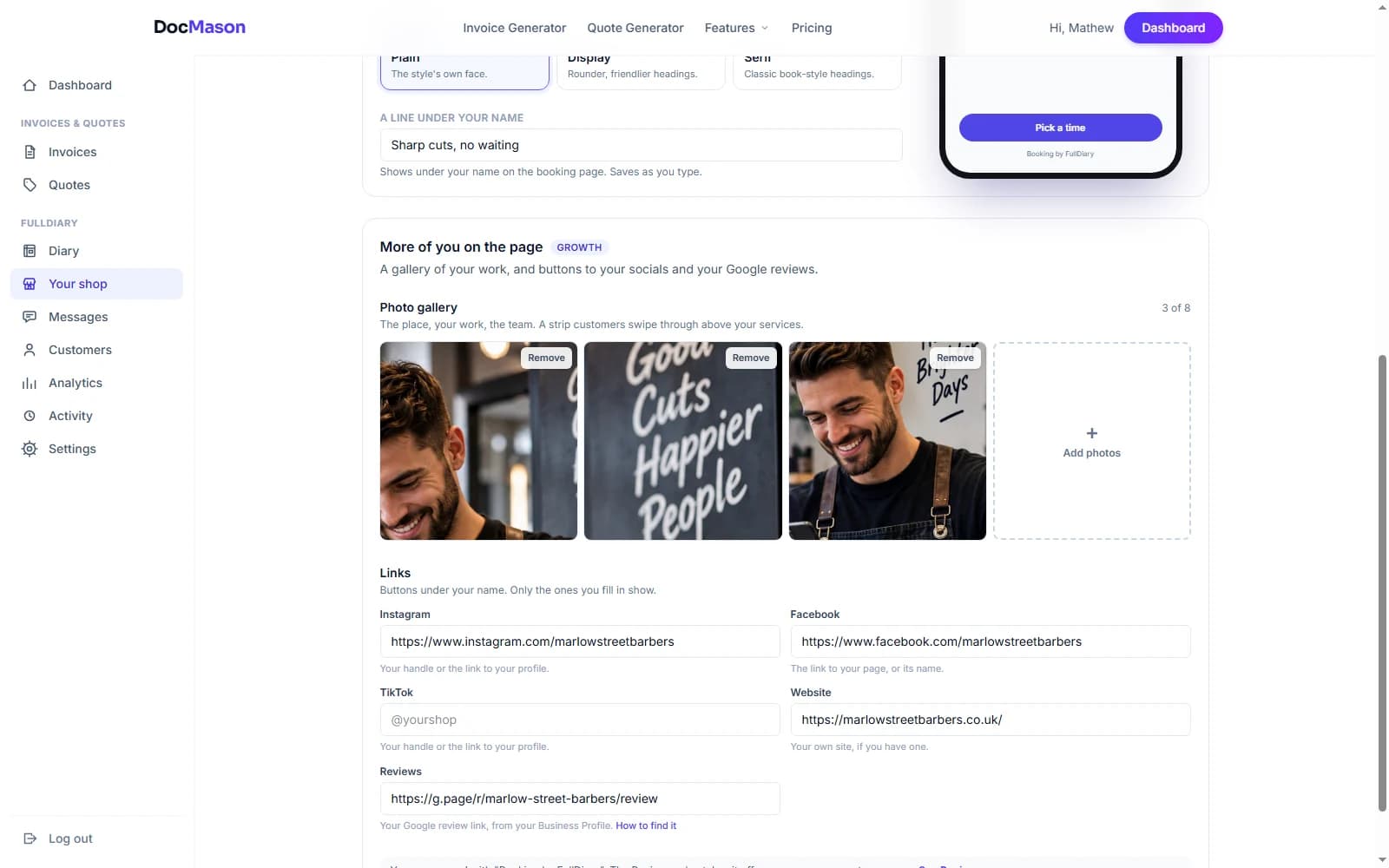 Growth's section of the same screen: photos of the shop with Remove buttons, and the Instagram, Facebook, website and review link boxes