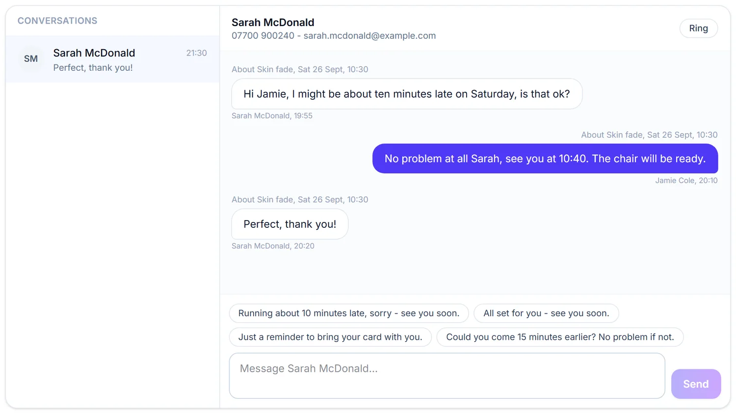 The message inbox with a list of customer conversations and a reply box