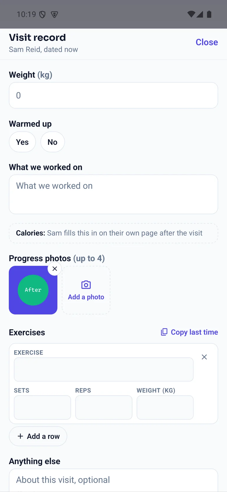 The FullDiary app's Visit record sheet for Sam Reid: Weight, Warmed up as Yes and No chips, What we worked on, a line saying Calories: Sam fills this in on their own page after the visit, Progress photos with one thumbnail and an Add a photo square, and the Exercises rows