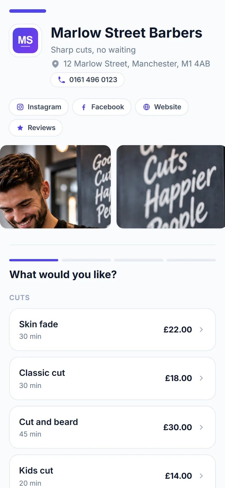 The booking page on Growth: Instagram, Facebook, website and reviews buttons under the shop's name, and photos of the shop above the services