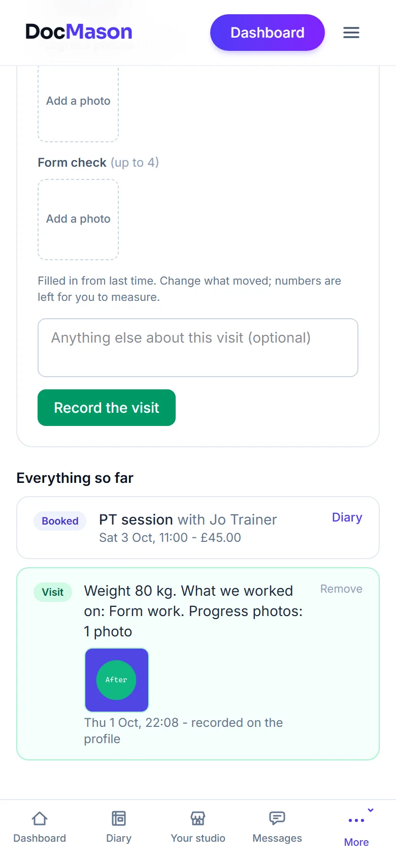 A client's profile on a phone: the latest visit on the timeline reads Weight 80 kg, What we worked on: Form work, Progress photos: 1 photo, with the photo's thumbnail beneath it