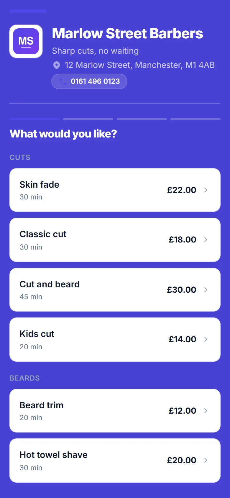 The booking page in the Bold style