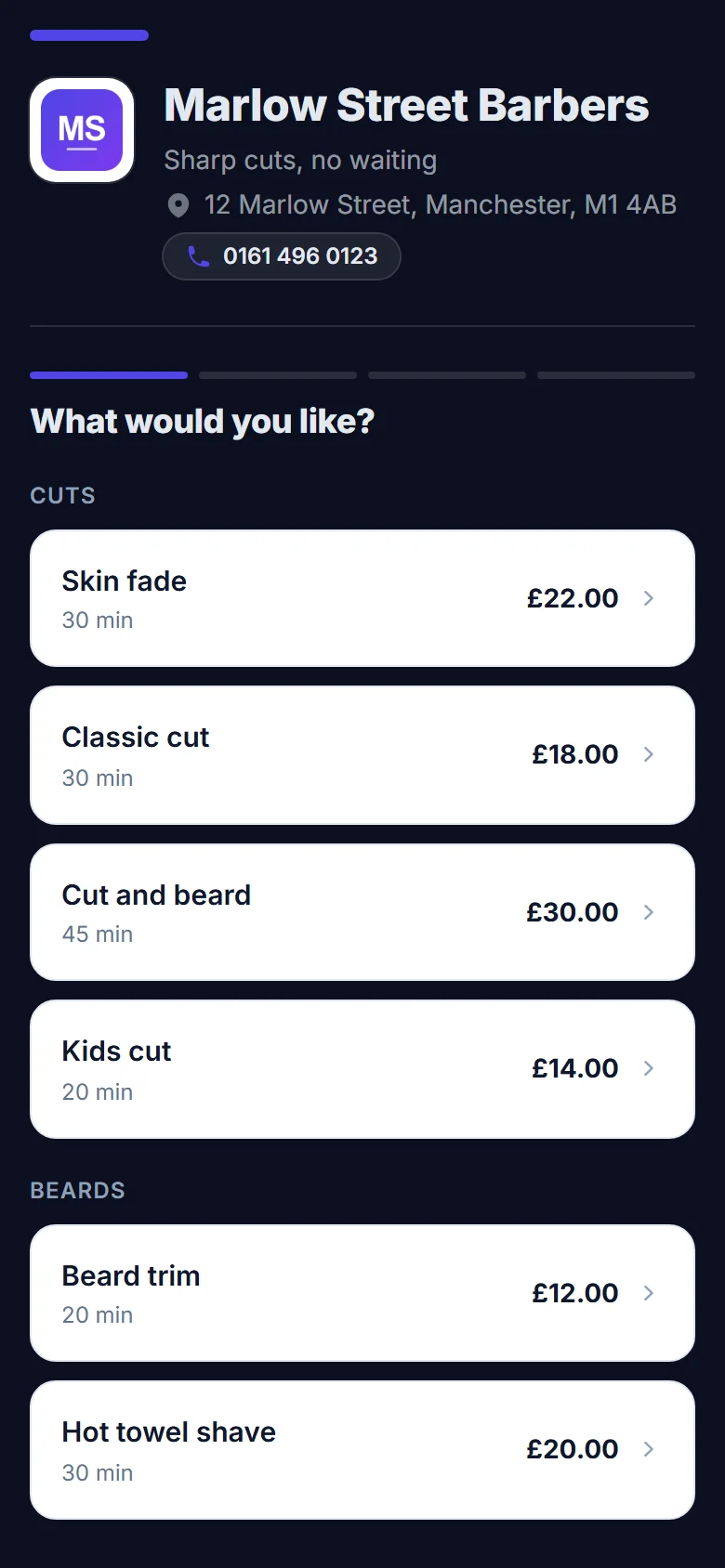 A barbershop's booking page in the Midnight style: a dark page with white service cards and purple accents
