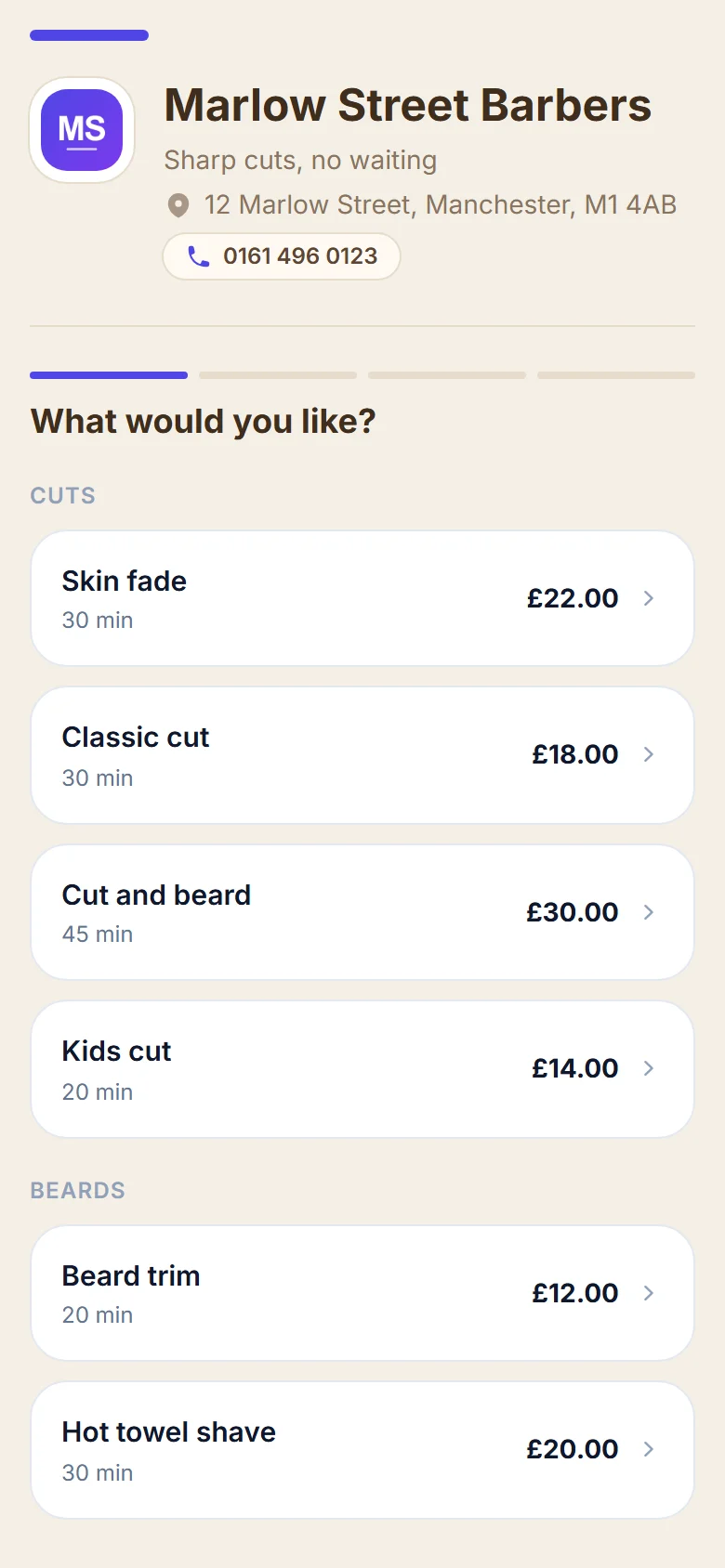 The booking page in the Warm style